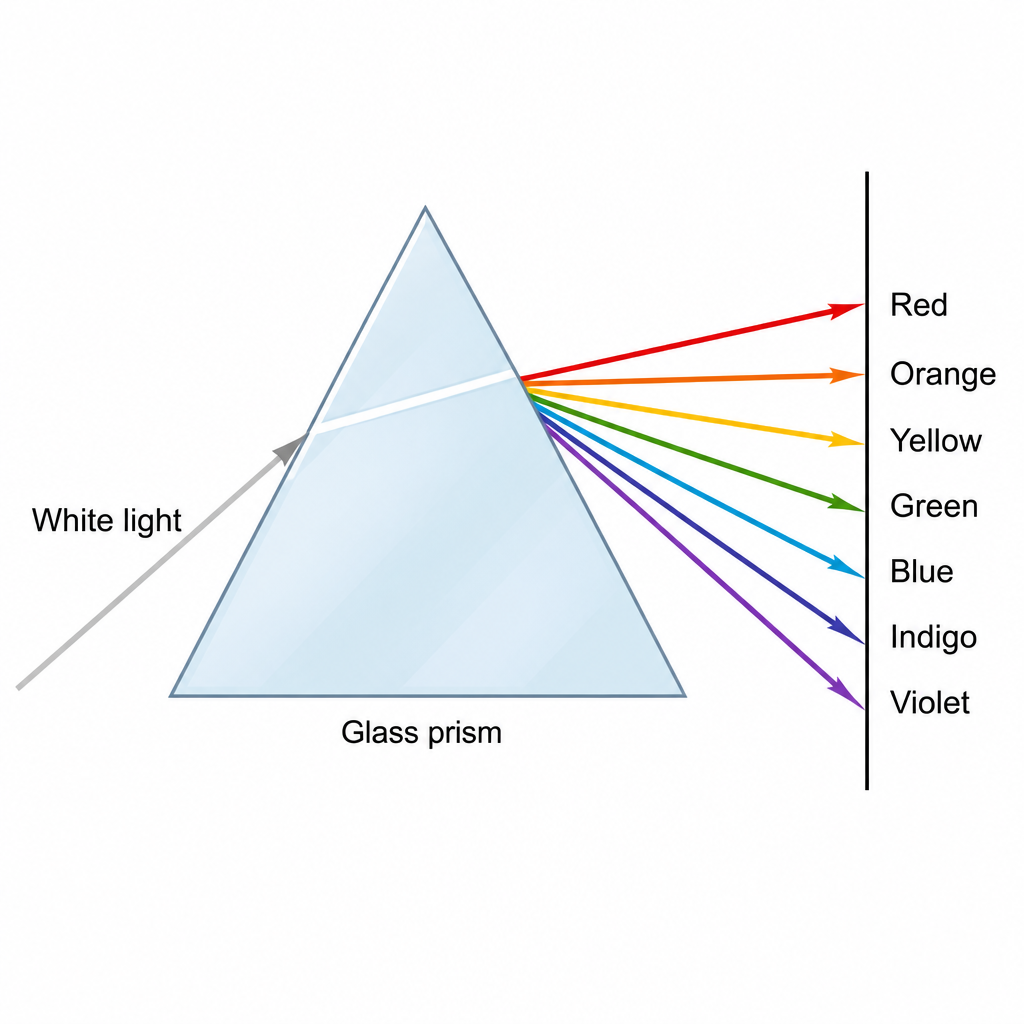 White light entering a glass prism spreads out into seven colours, with red at the top and violet at the bottom.