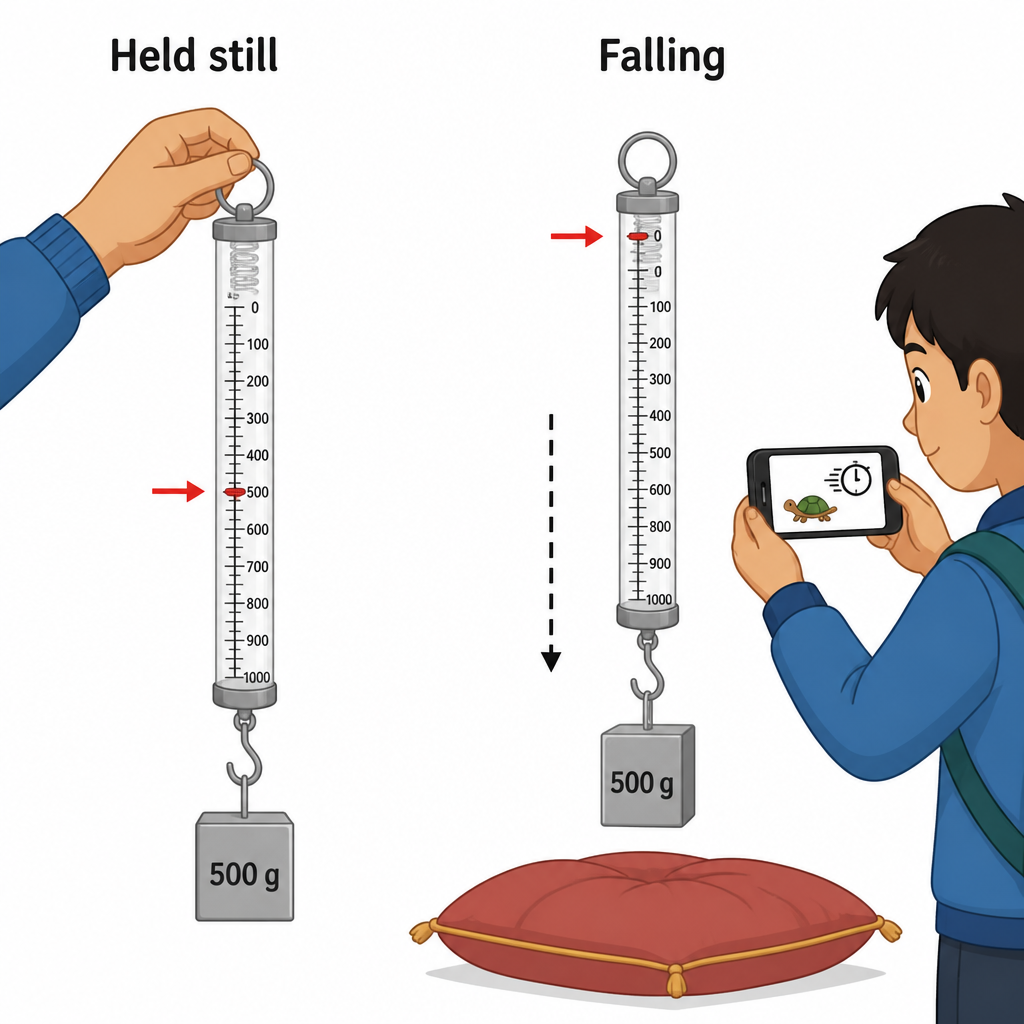 Held still, the pointer shows the pull of the mass; once the balance is falling, the slow-motion video shows the pointer back near zero.