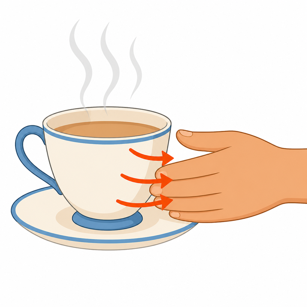 Heat moving out of the hot cup and into the hand is what makes the hand feel hot.