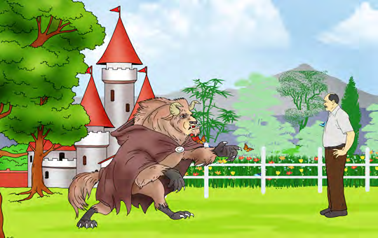 The beast catches the merchant beside the white roses of the ruined castle.