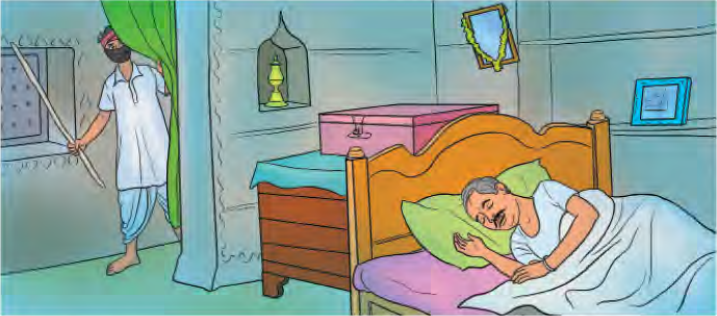 शत्रु नभएको सन्तोषमा कृष्ण राय निदाउन लाग्दा पर्दा पन्छाएर एक जना मानिस लट्ठी लिएर कोठाभित्र पस्दै छ।