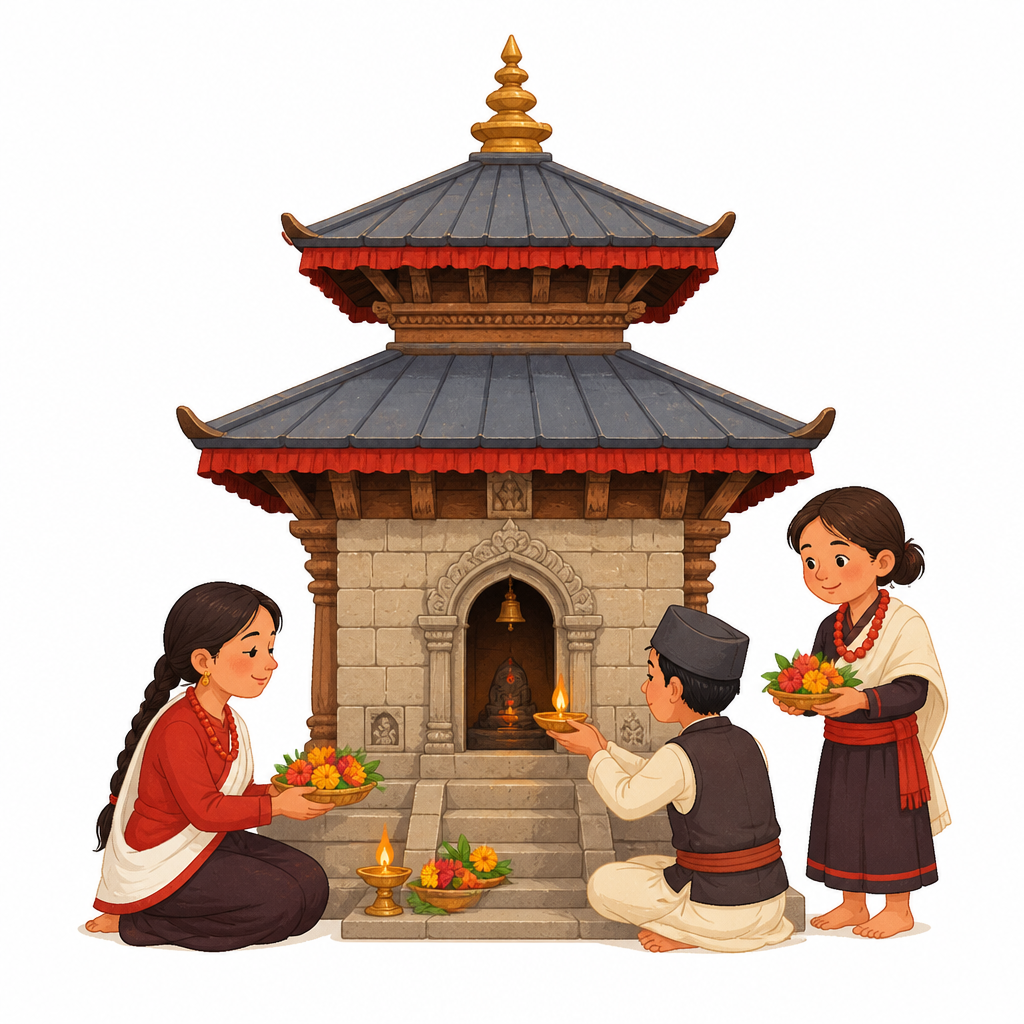 गोपालहरूले मन्दिर बनाएर देवीदेवताको पूजा गर्थे भन्ने कुरा देखिने चित्र।