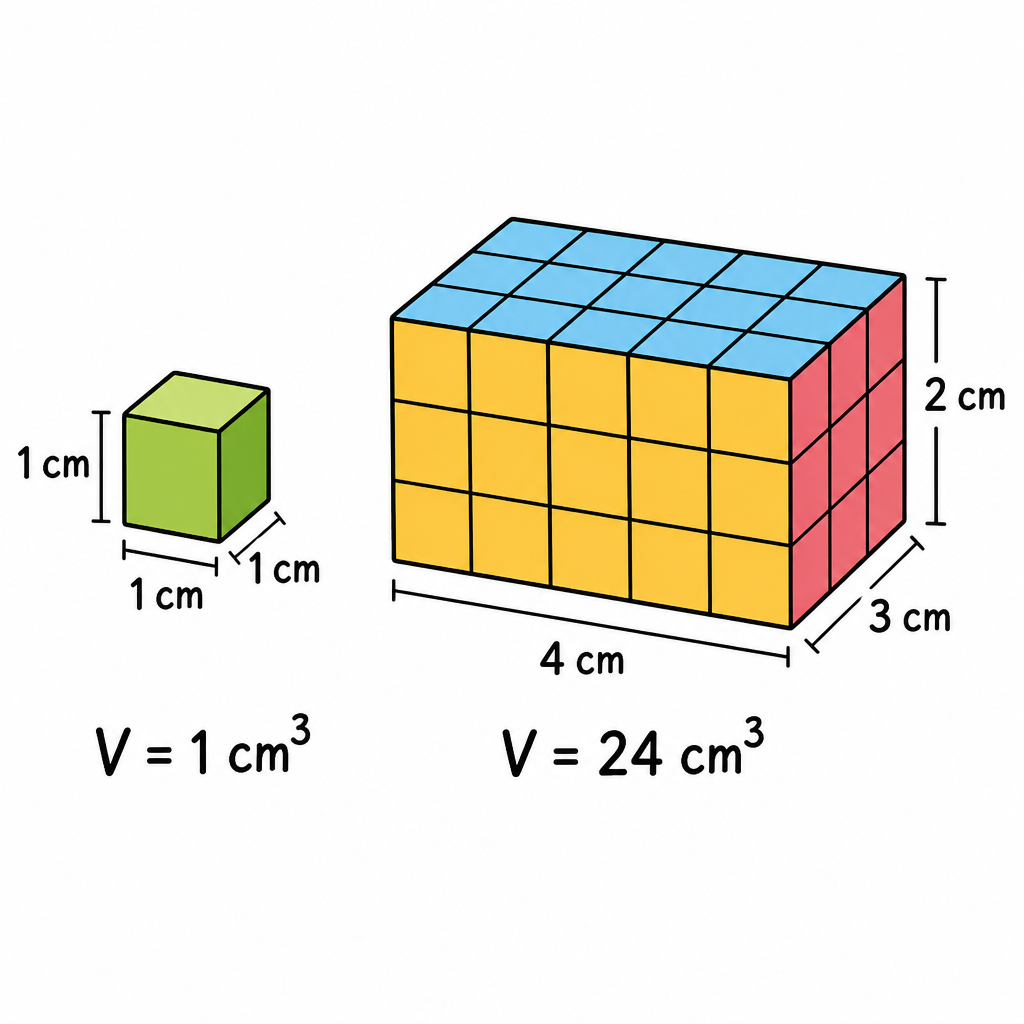 One unit cube fills 1 cubic centimetre, and the same cubes stacked in layers build up a cuboid.