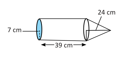 The pencil: a cylinder of radius 7 cm and length 39 cm, with a cone 24 cm high at the tip.