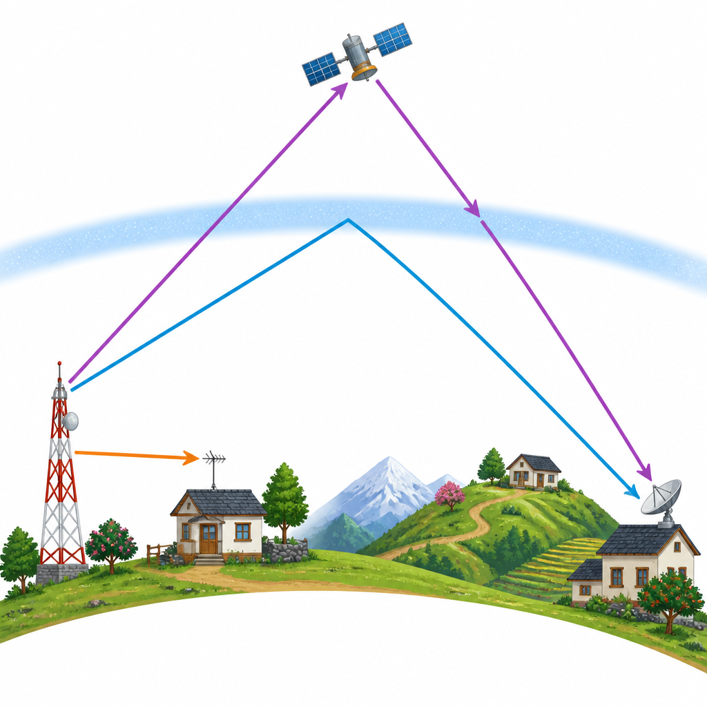 Three routes a signal can take: straight to the receiver, bounced off the ionosphere, and relayed through a communication satellite