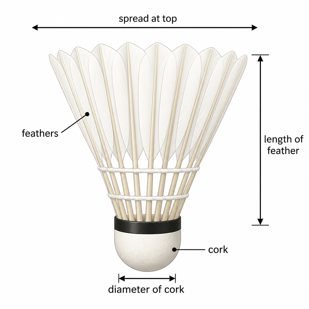 The parts of a shuttlecock, with arrows showing where the cork diameter, the feather length and the spread of the top are measured.