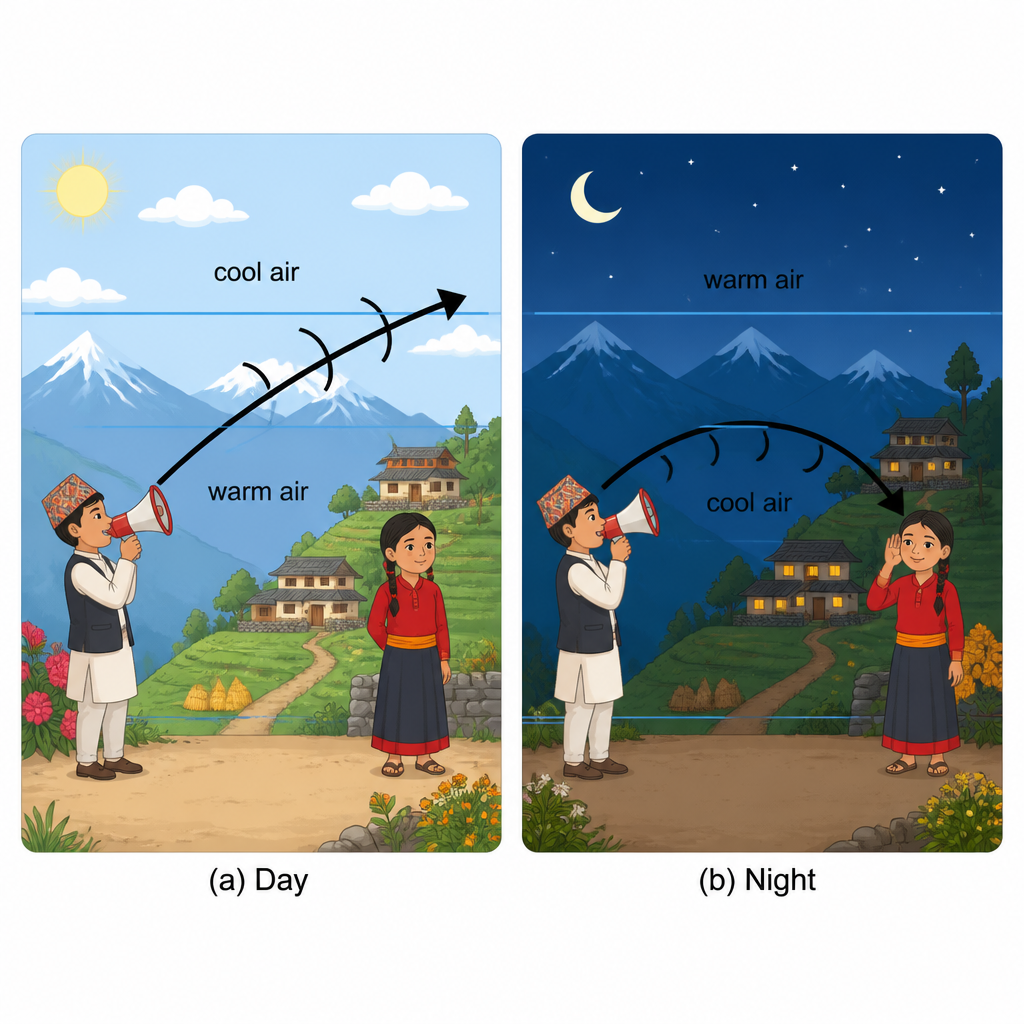By day the sound bends upward and passes over the distant listener; by night it bends downward and reaches the distant listener.