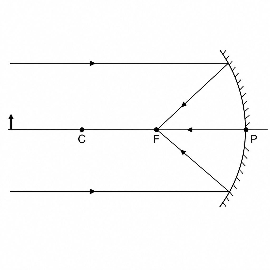 Parallel rays from a distant object gathering at the focus after reflection.