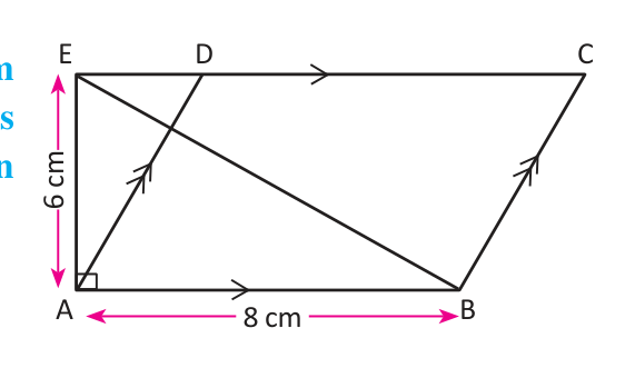 Triangle ABE and parallelogram ABCD share the base AB = 8 cm and the height AE = 6 cm