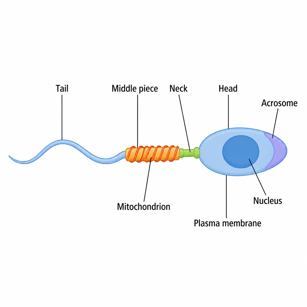 The structure of a sperm, with the head, neck, middle piece and tail each shown clearly enough to be told apart.