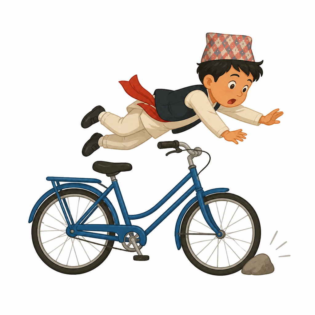 When the bicycle stops against the stone, the rider's body keeps going forward at its earlier speed.