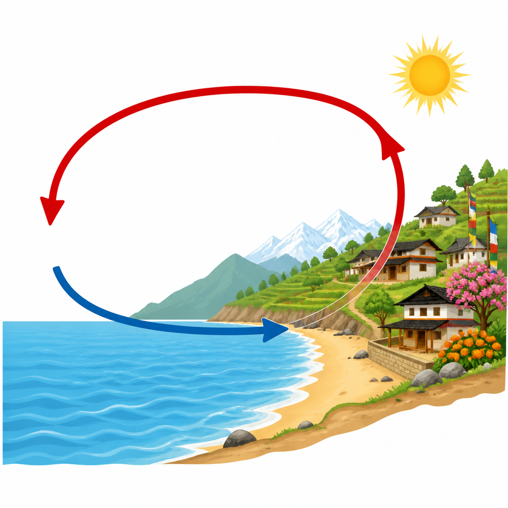 As the hot air over the land rises by day, cool air from over the sea slides in underneath towards the land, and that circling path is the sea breeze.