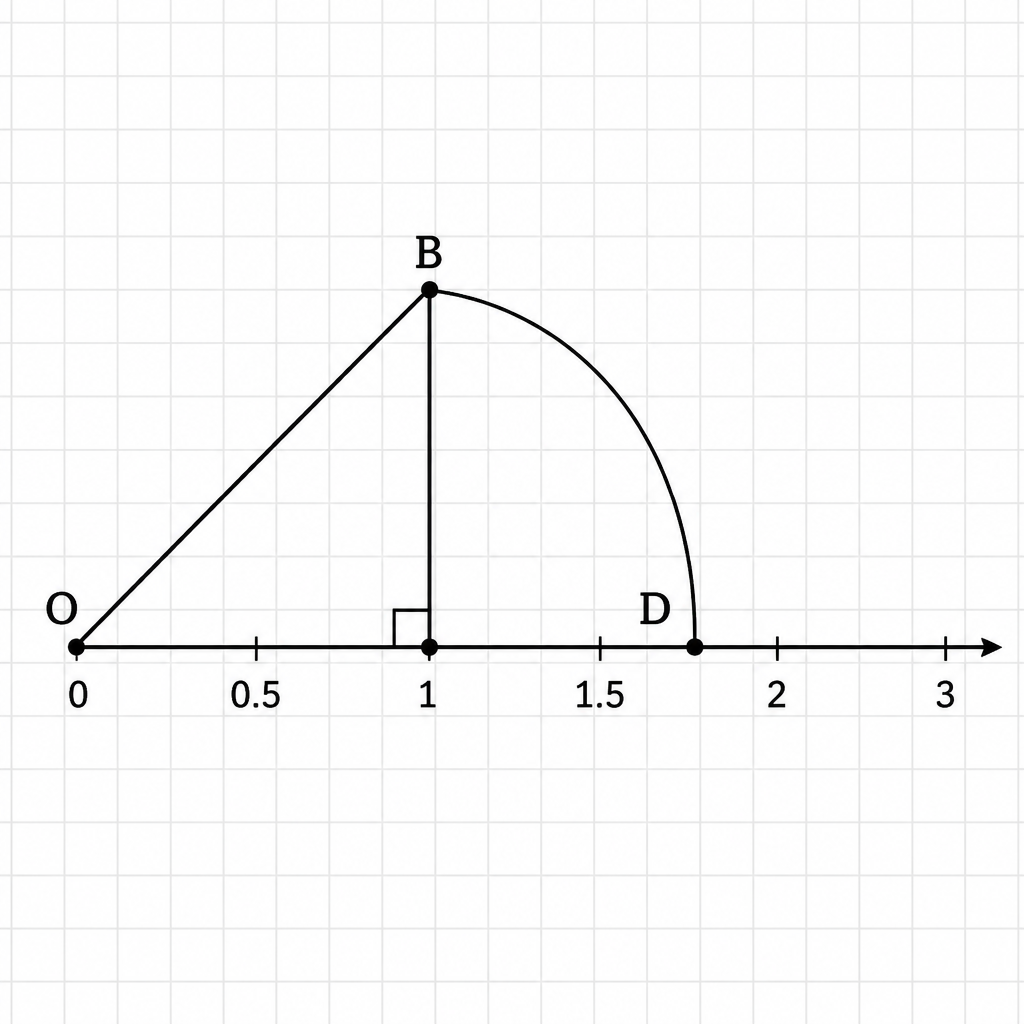 The arc swings the hypotenuse of the 1 unit by 1 unit triangle down onto the number line, fixing the exact place of \( \sqrt{2} \).