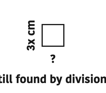 A rectangle showing that the missing side is still found by division even when the area is a two term expression.