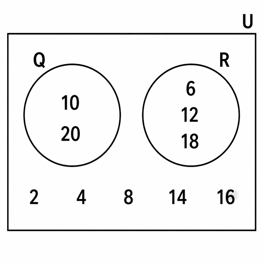 The two circles are drawn apart with no middle region at all, because not one member of Q matches a member of R.