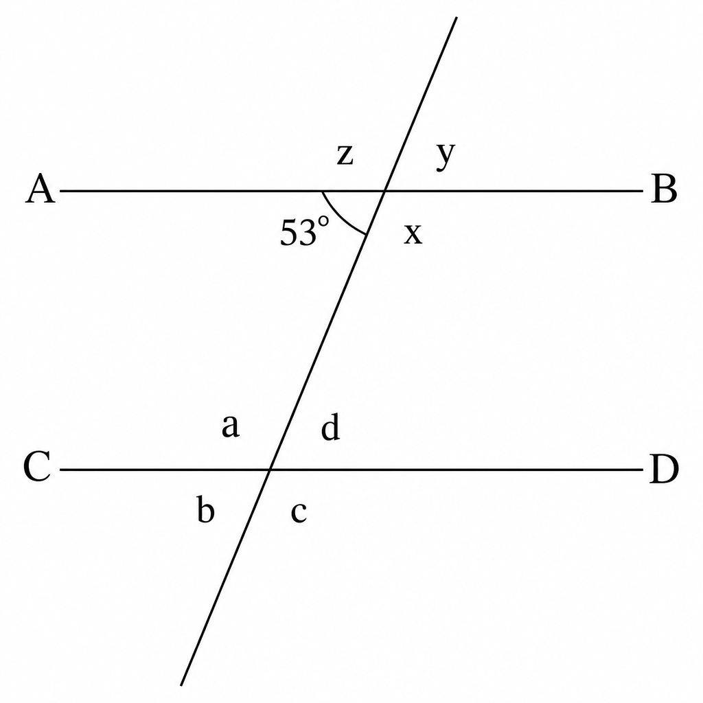 AB and CD are parallel and one interior angle is 53 degrees. Each of the seven remaining angles is named by a letter.