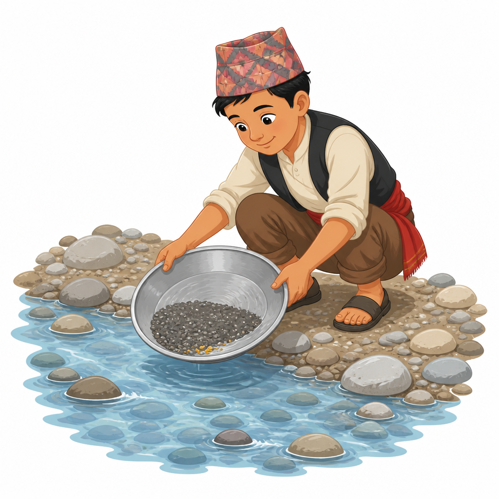River sand being washed in a pan so that the grains of gold can be separated, which is how alluvial gold is collected.