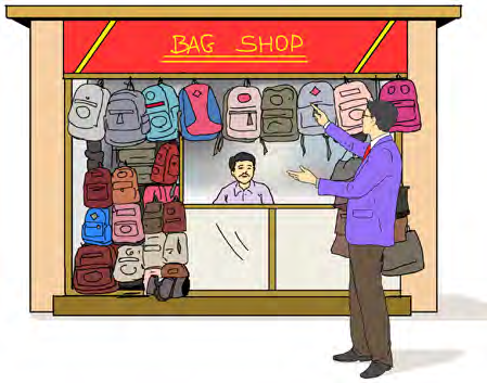A trader buys wholesale and sells from his own shop, so every bag carries two prices: the one he paid and the one he takes.