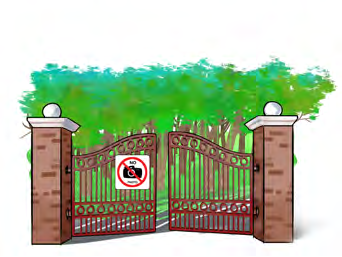 The sign on this gate bans photography. A sign is a rule written where everyone can see it.