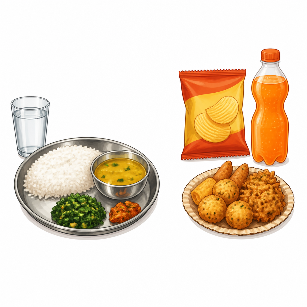 घरमा बनेको स्वस्थकर खाना र बाहिरको तयारी खाना । कुन रोज्ने भन्ने निर्णय आफैँले गर्नु संयमित आचरण हो ।