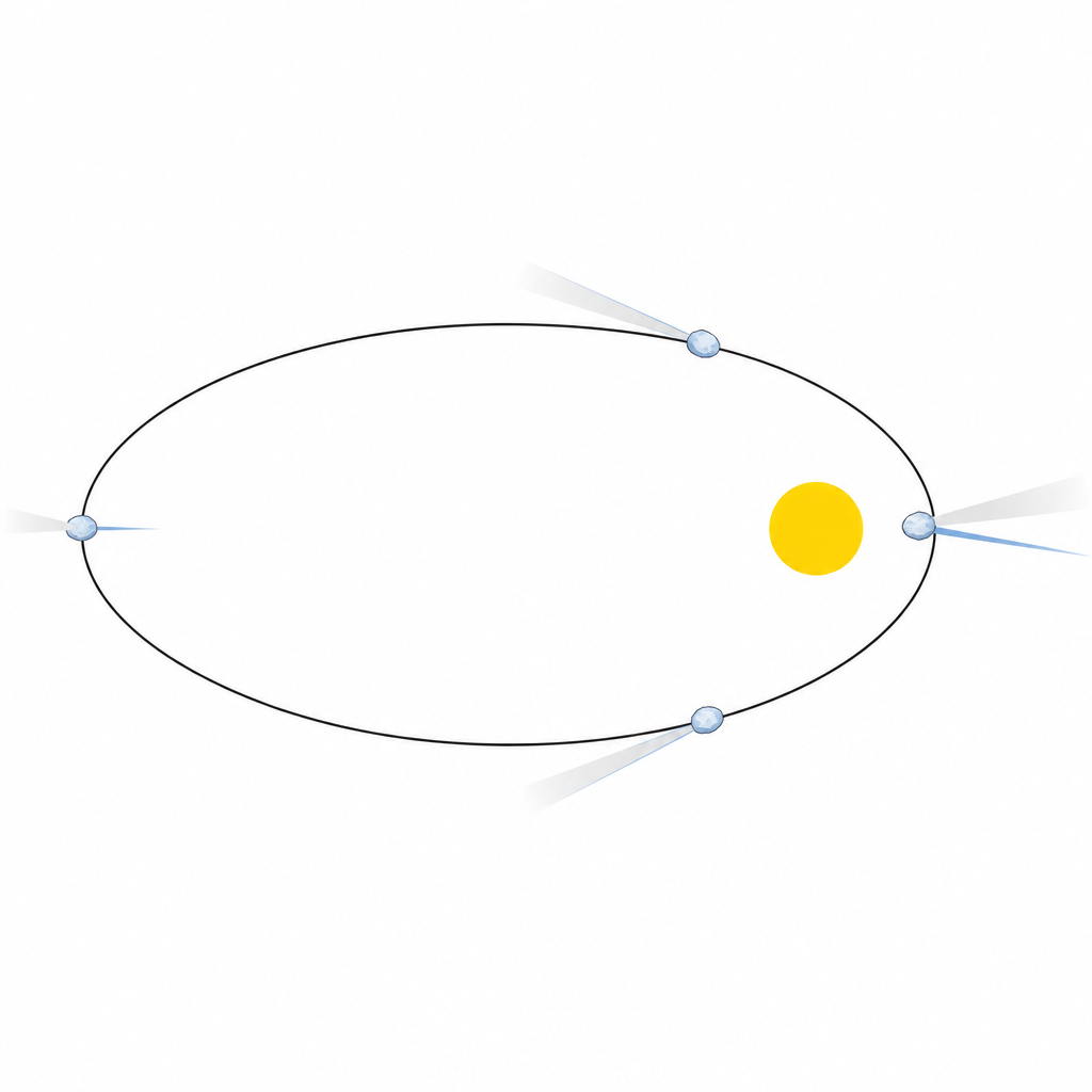 Wherever the comet stands on its orbit, its tails point away from the Sun, so on the return journey the tail leads the way.