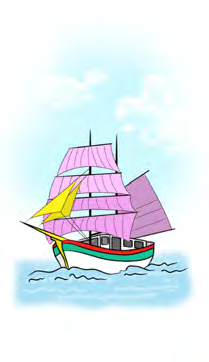 A boat with wide sails floating on the water, like the boats the child sends down the river.