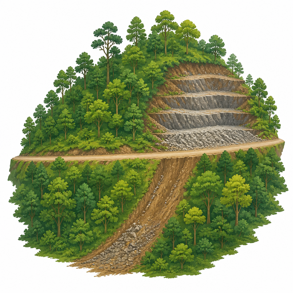A road cut through forest with a quarry torn into the same slope, showing how a habitat gets broken into pieces.