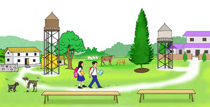A village scene with two water towers, trees, houses, animals, benches and two children walking. Everything in it can be compared with something else in it.