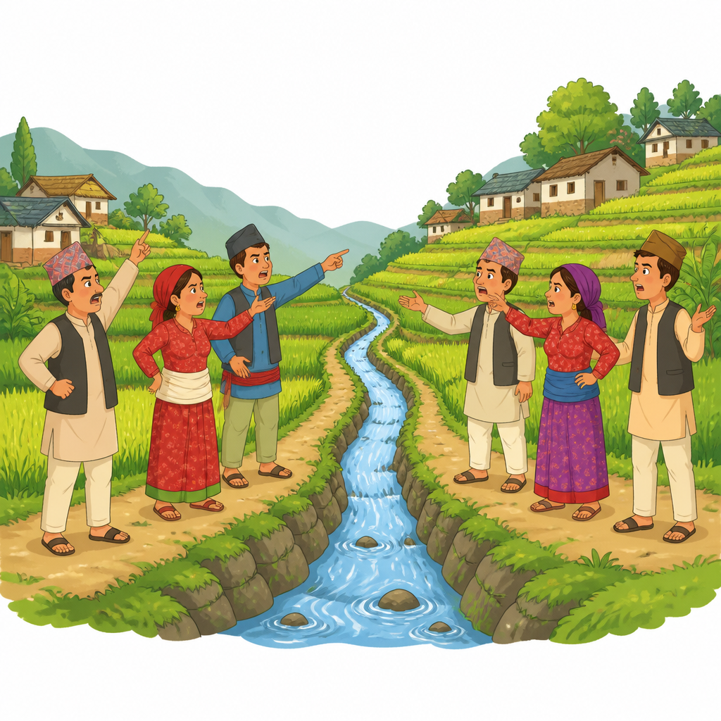 पानी लगाउने कुलाको छेउमा दुई समूह छुट्टिएर उभिएको अवस्था । विवाद कसरी दुई पक्षमा बाँडिन्छ भन्ने यहीँबाट देखिन्छ ।