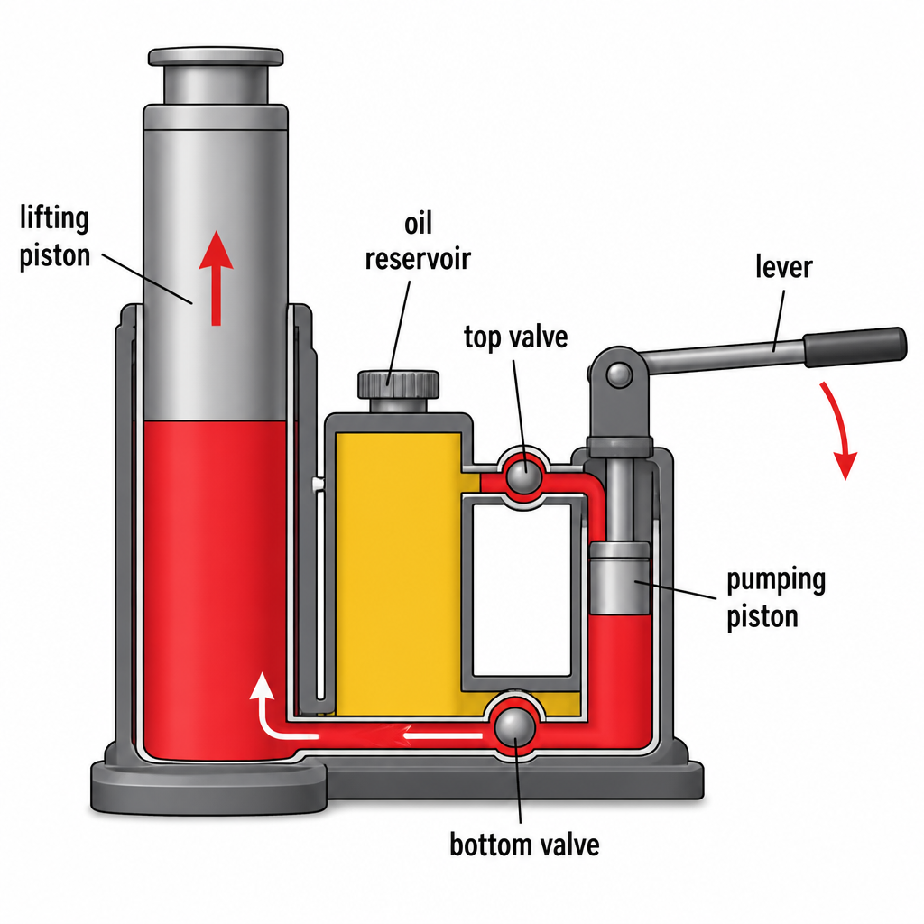 Lever pushed down: the upper valve is closed, the lower valve is open, and oil is forced under the lifting piston.