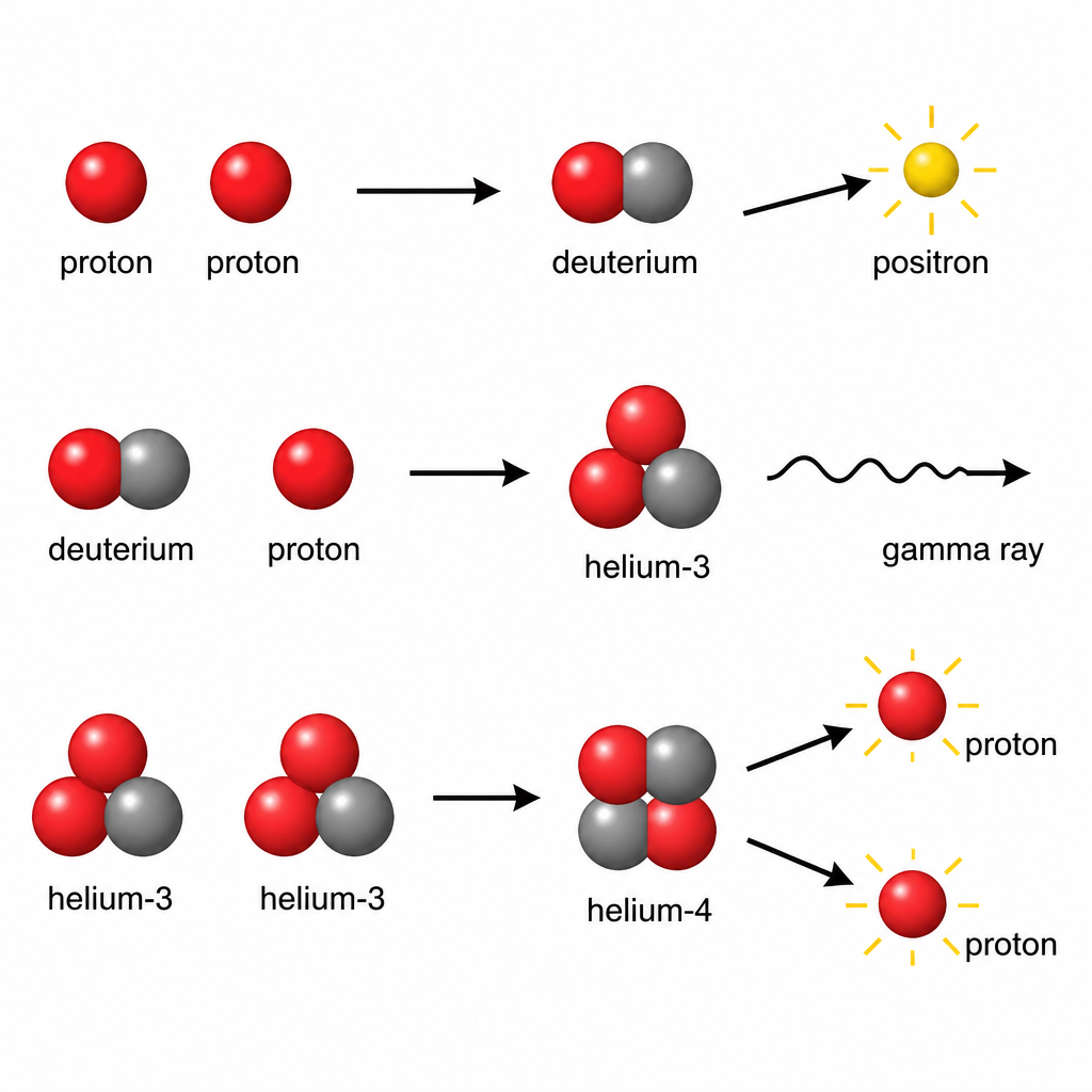 In the sun's core four hydrogen nuclei pass through three steps and end as one helium nucleus, releasing energy at every step.