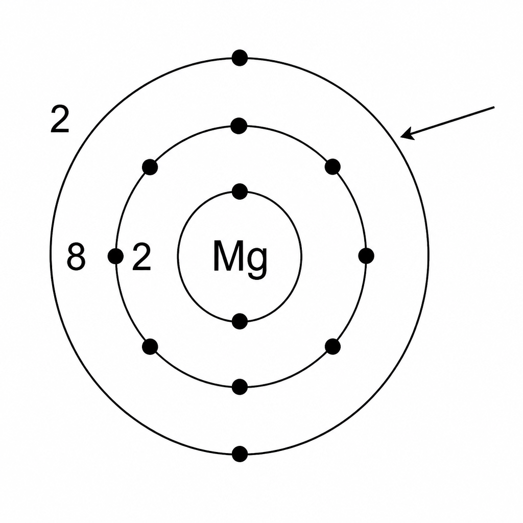 In magnesium's 2, 8, 2 arrangement the outermost ring is the valence shell, and the 2 electrons sitting in it are its valence electrons.