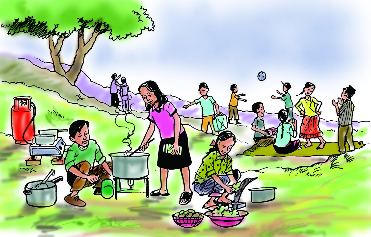 चउरमा खाना पाक्दै छ र छेउमा बालबालिका खेल्दै छन्; यही ठाउँमा पछि नाटक सुरु हुन्छ।