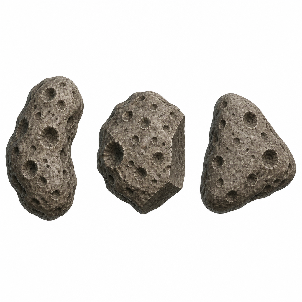 Three asteroids of quite different lumpy outlines, showing what having no definite shape means.