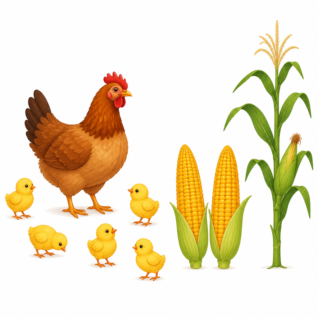 A hen with her chicks and a maize cob full of grains, each one busy making the next generation of its own kind.