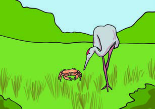 The crab saw the fish bones in the grass and asked the crane what he did with the fish.