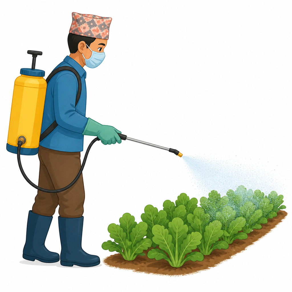 A farmer in proper protective clothing, spraying with the wind and not against it.