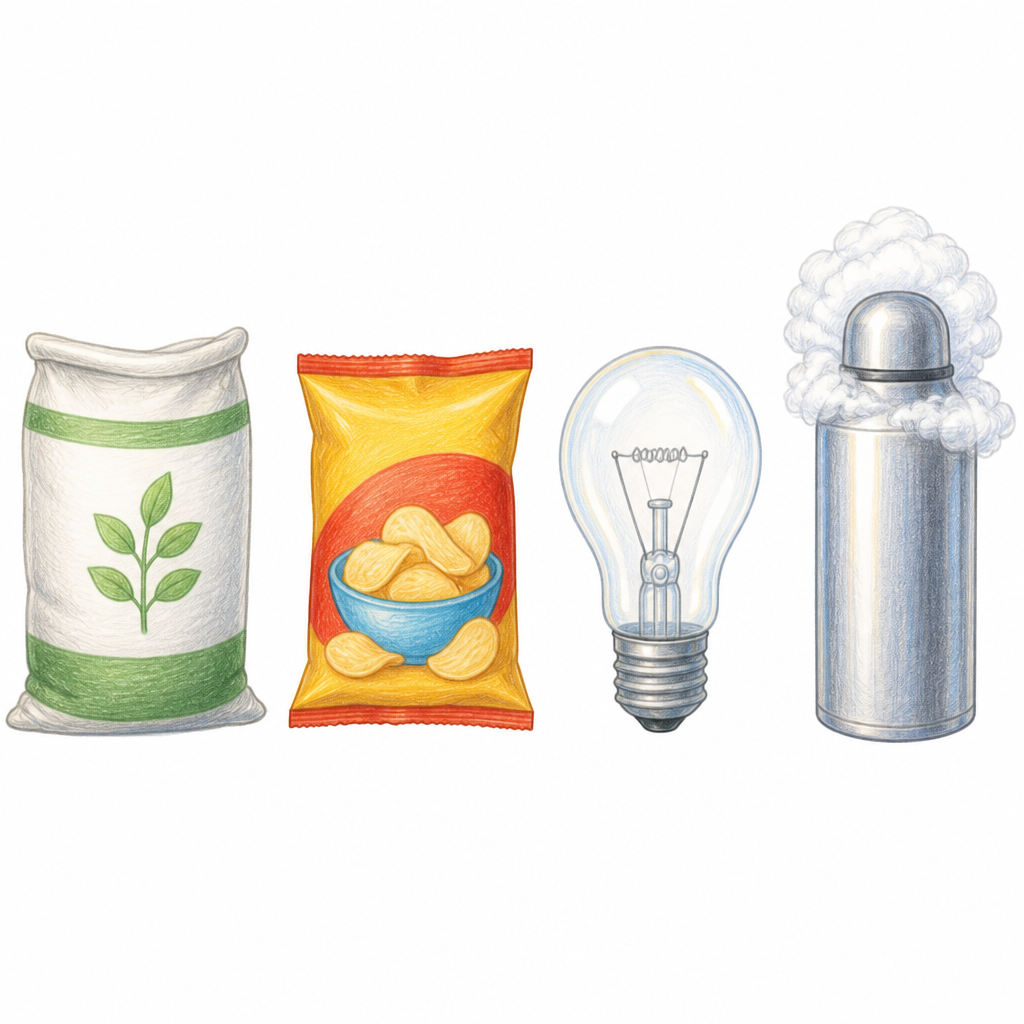 Nitrogen at work: making fertiliser, filling food packets, filling light bulbs and cooling with liquid nitrogen.