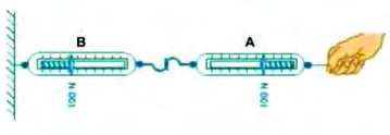 When spring balance A is pulled outward, balance B shows exactly the same reading, so the balance being pulled is itself pulling back with an equal force in the opposite direction.