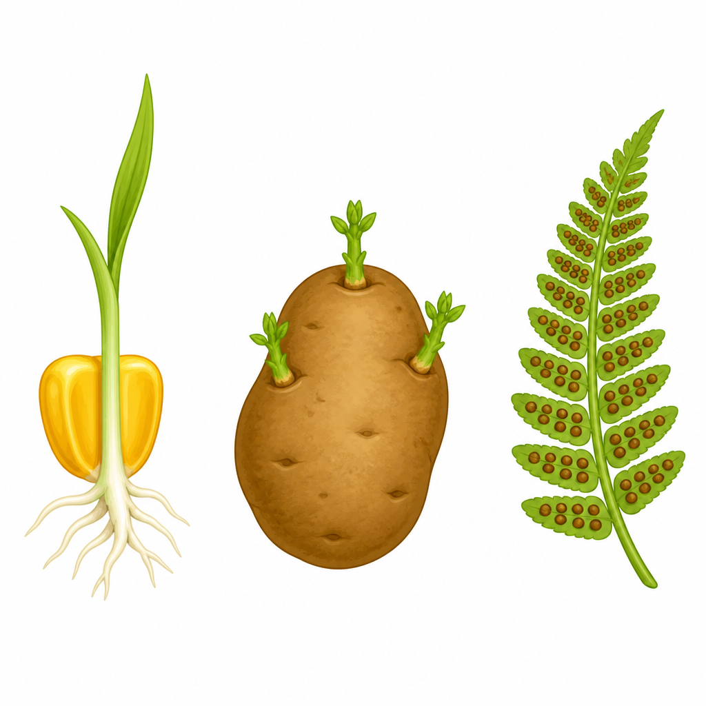 A sprouting seed, a potato tuber pushing out shoots and a fern frond carrying spores: the three routes by which a new plant starts.