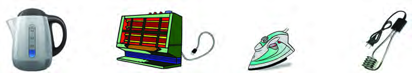 Appliances that contain a heating element, shown so they can be recognised: the electric kettle, the room heater, the iron and the immersion rod.