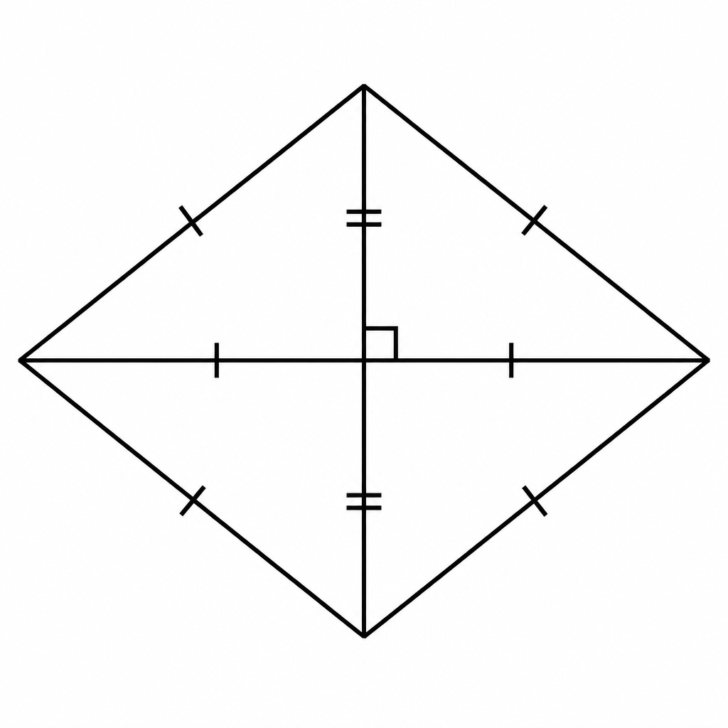 The four angles where the diagonals cross are all right angles, and the crossing point splits each diagonal into two equal halves.
