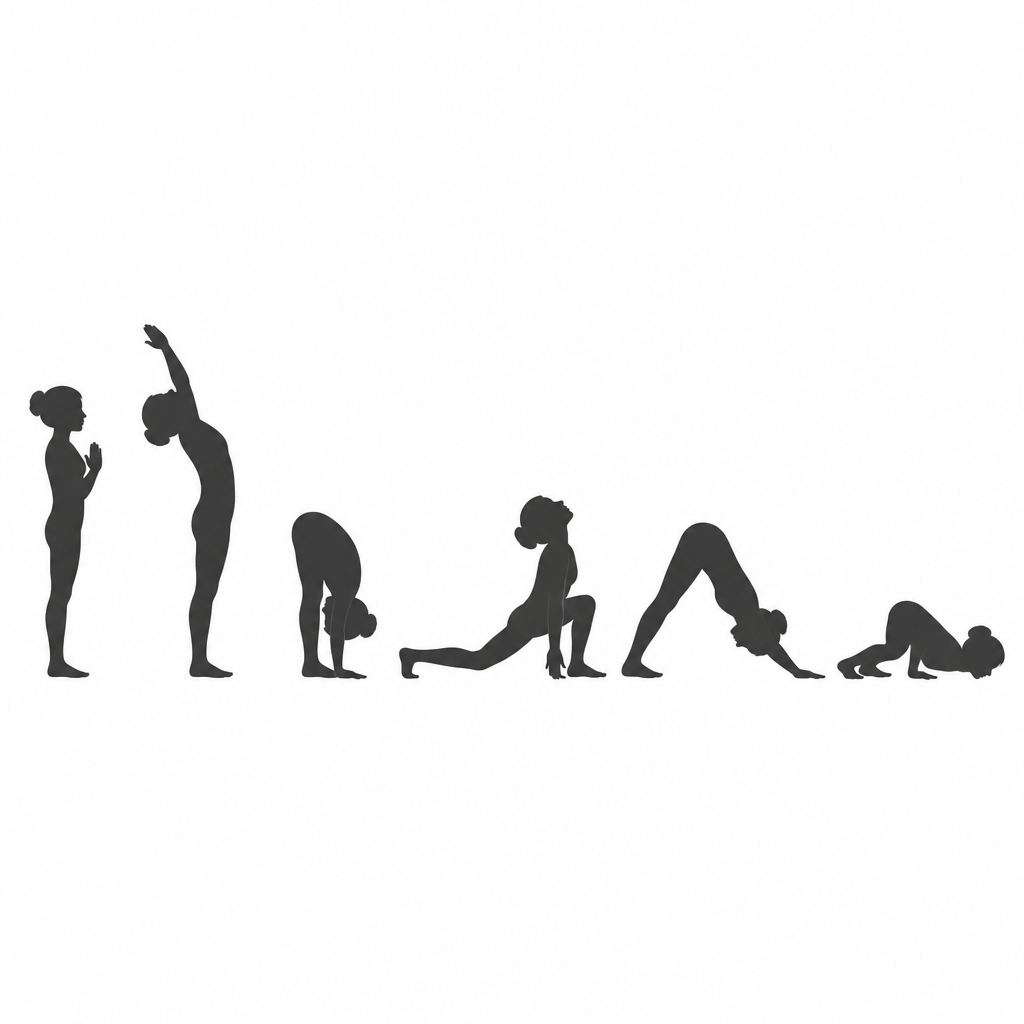 Positions one to six, in order from left to right: from standing in greeting down to knees, chest and chin touching the floor.