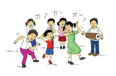 The children are singing and dancing to the drum. They may dance for the whole evening.