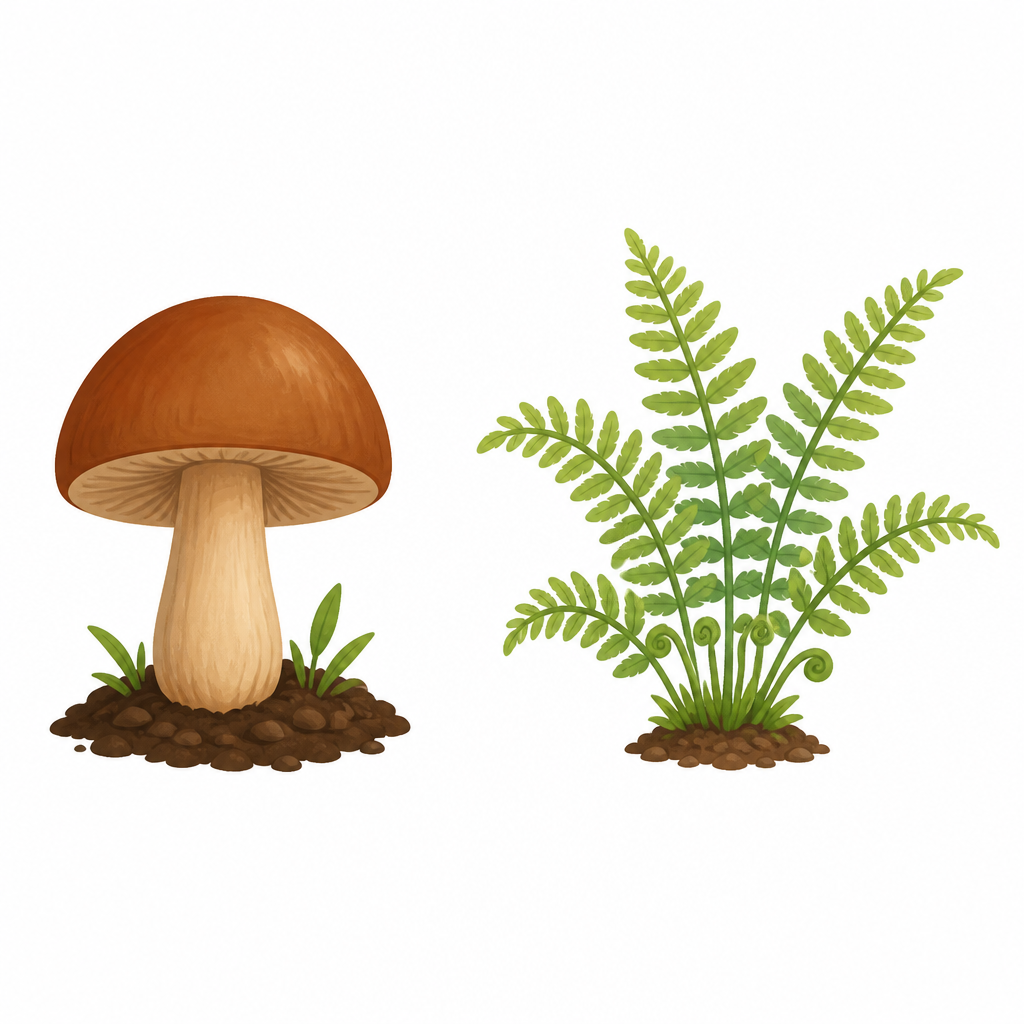 A mushroom with no chlorophyll and a fern with chlorophyll. The two kingdom system placed both of these in the same group of non flowering plants.