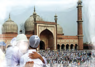 Eid: worshippers embrace after prayer outside a great mosque.