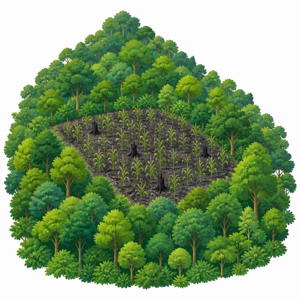 A patch cut and burnt in the middle of standing forest, left with stumps, ash and a few crops where trees used to be.