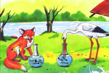 The fox and the stork at dinner. The narrow-necked jar suits the stork's long bill exactly as the shallow dish suited the fox's tongue.