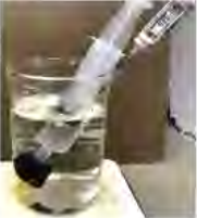 The sealed syringe of water is warmed in a beaker of hot water to about 42°C.
