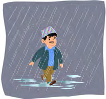The man is walking through heavy rain without an umbrella. He might catch a cold.
